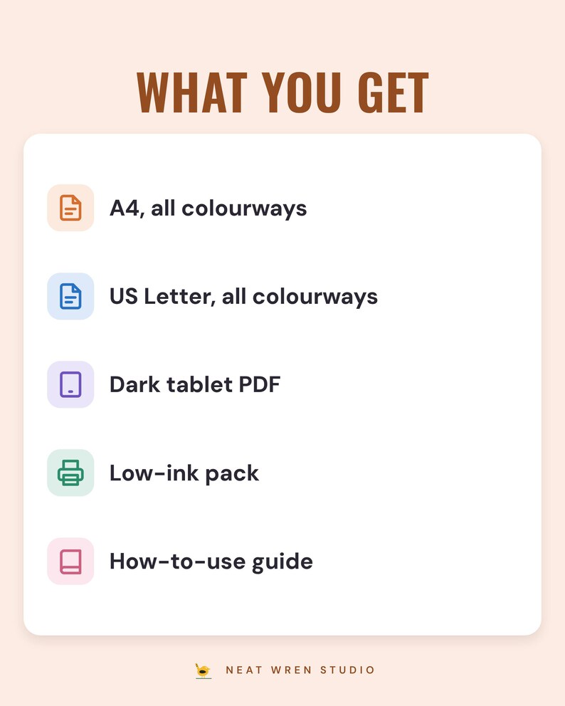 A white card under the headline What you get: A4, all colourways; US Letter, all colourways; dark tablet PDF; low-ink pack; and how-to-use guide.