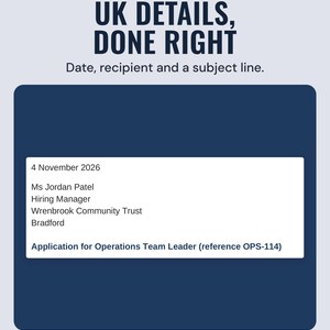 The top of the example cover letter with the date, the recipient's name and address and a subject line, under the headline UK details, done right.