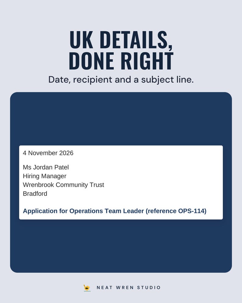 The top of the example cover letter with the date, the recipient's name and address and a subject line, under the headline UK details, done right.