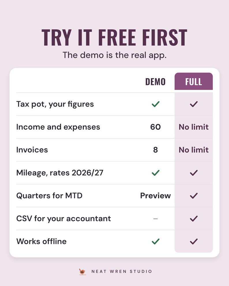 Table comparing the free demo with the full version: tax pot in both, 60 entries and 8 invoices in the demo, Quarters as a preview, CSV export in the full version.