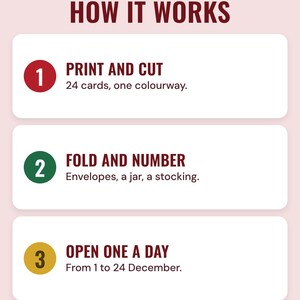 Three numbered steps under the headline How it works: print and cut 24 cards, fold and number them into envelopes, a jar or a stocking, and open one a day from 1 to 24 December.
