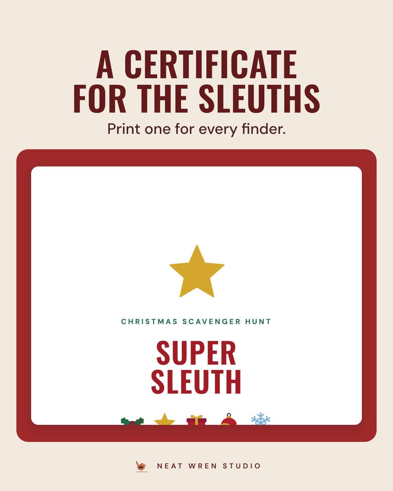 A Super Sleuth certificate with a gold star, under the headline A certificate for the sleuths, and the line Print one for every finder.