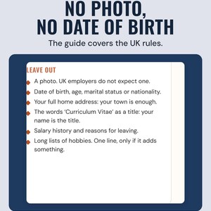 The guide's Leave out list, such as a photo and your date of birth, under the headline No photo, no date of birth, and the line The guide covers the UK rules.
