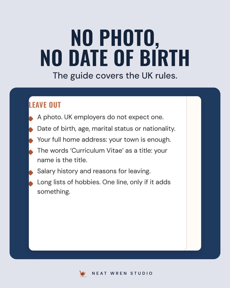 The guide's Leave out list, such as a photo and your date of birth, under the headline No photo, no date of birth, and the line The guide covers the UK rules.