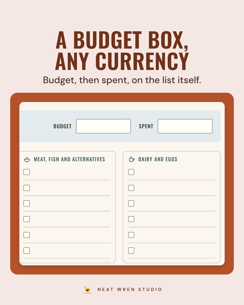 The shopping list with budget and spent boxes at the top, under the headline A budget box, any currency, and the line Budget, then spent, on the list itself.