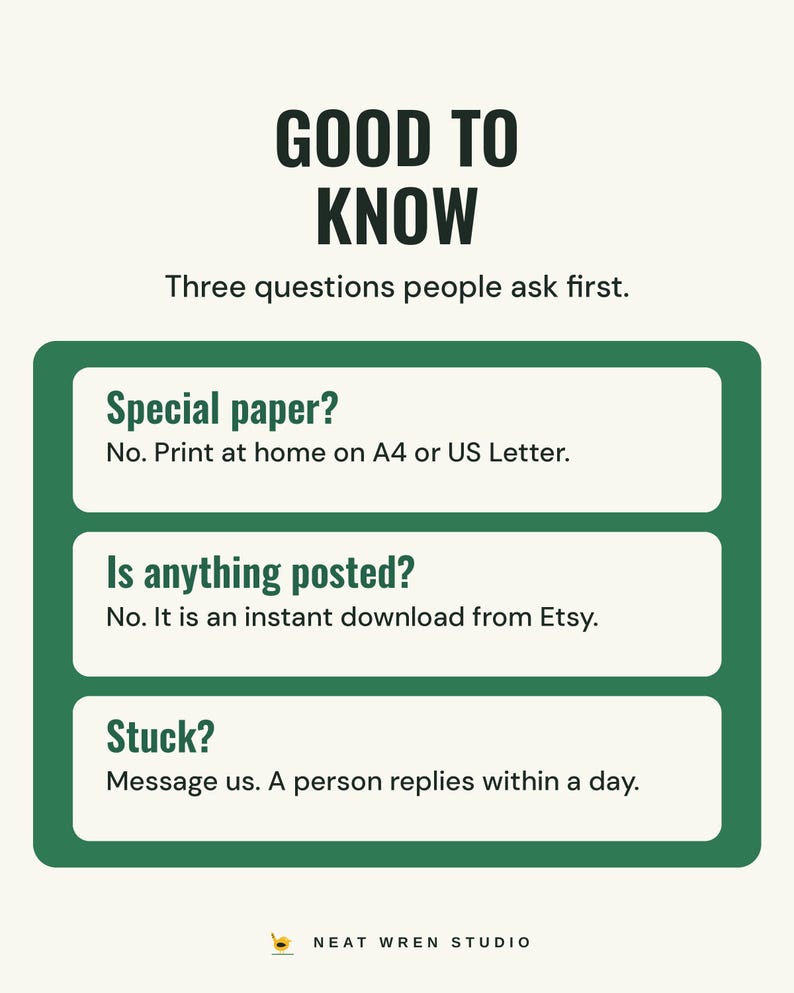 Good to know: print at home on A4 or US Letter, nothing is posted because it is an instant download, and a person replies to messages within a day.