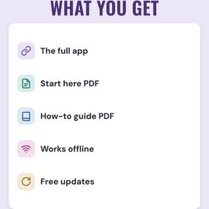 A white card under the headline What you get: the full app, Start here PDF, how-to guide PDF, works offline and free updates.