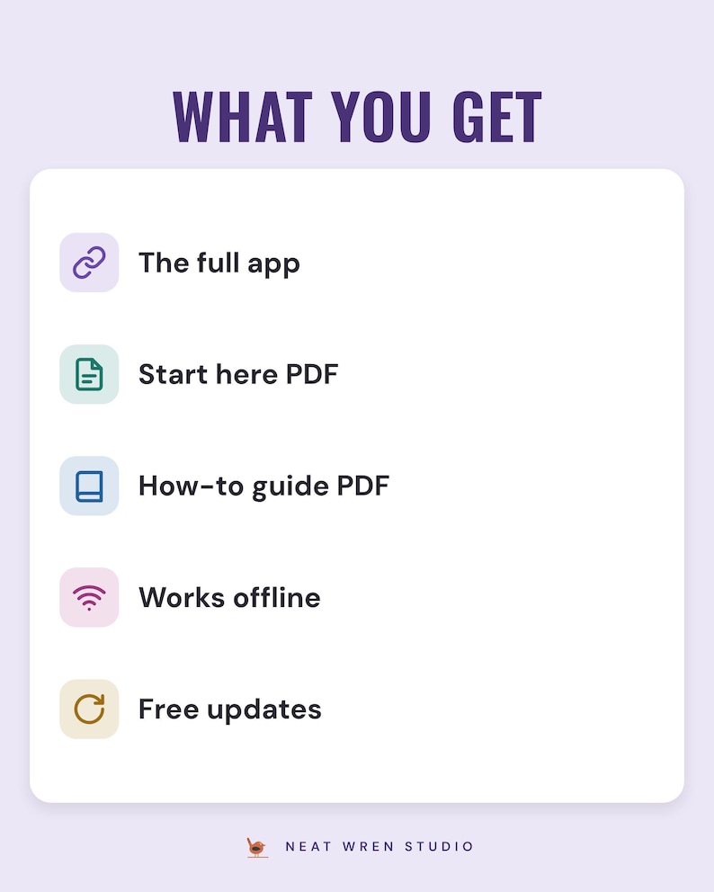 A white card under the headline What you get: the full app, Start here PDF, how-to guide PDF, works offline and free updates.