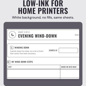 The low-ink version of the Evening wind-down sheet: black outlines on white with no colour fills, showing Winding down and Starts at.