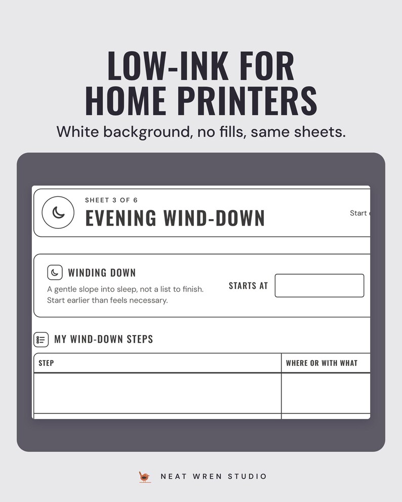 The low-ink version of the Evening wind-down sheet: black outlines on white with no colour fills, showing Winding down and Starts at.