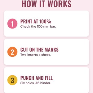 How it works: print at 100% and check the 100 mm bar, cut on the marks, punch with a 6-hole A6 punch and fill your binder.