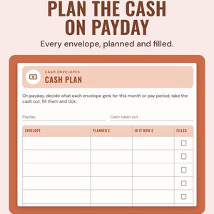 The Cash plan insert: payday, cash taken out, and a table of envelopes with planned amount, amount in it now and a filled tick.
