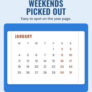 January from the 2027 year page with weekend dates picked out in red, under the headline Weekends picked out, and the line Easy to spot on the year page.
