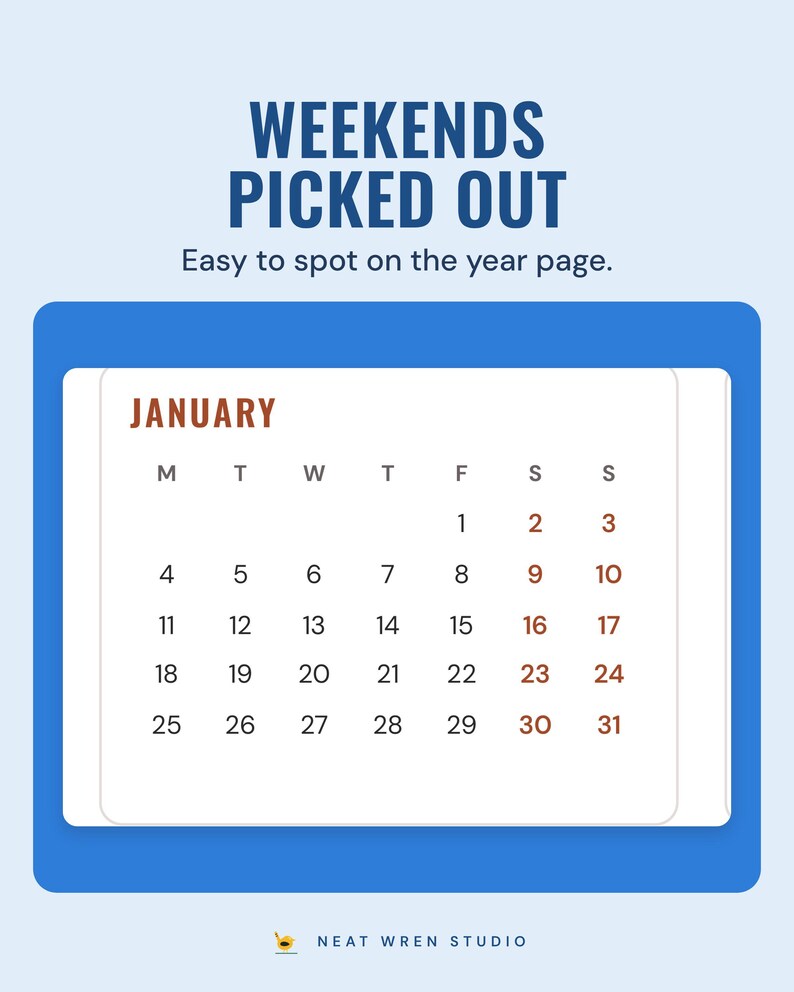January from the 2027 year page with weekend dates picked out in red, under the headline Weekends picked out, and the line Easy to spot on the year page.