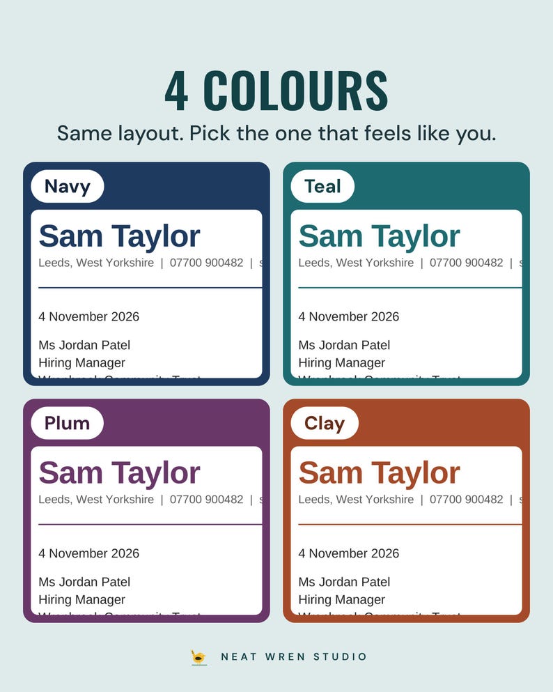 The example cover letter heading in four colours, navy, teal, plum and clay, under the headline 4 colours, and the line Same layout. Pick the one that feels like you.