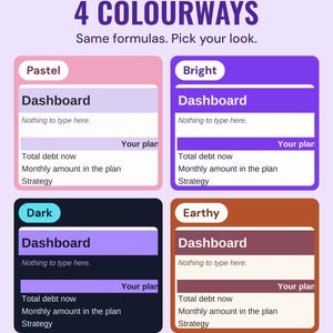 The debt payoff dashboard in four colourways, Pastel, Bright, Dark and Earthy, under the headline 4 colourways, and the line Same formulas. Pick your look.