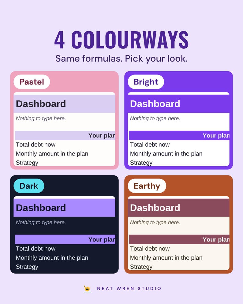 The debt payoff dashboard in four colourways, Pastel, Bright, Dark and Earthy, under the headline 4 colourways, and the line Same formulas. Pick your look.