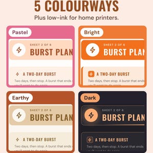 The burst plan page in four colorways, Pastel, Bright, Earthy and Dark, under the headline 5 colorways, plus low-ink for home printers.