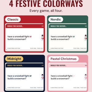 The same would you rather card in four colorways, Classic, Nordic, Midnight and Pastel Christmas, under the headline 4 festive colorways.