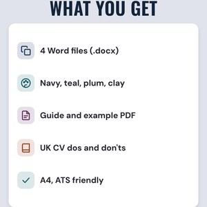 A white card under the headline What you get: 4 Word files (.docx); navy, teal, plum, clay; guide and example PDF; UK CV dos and don'ts; and A4, ATS friendly.