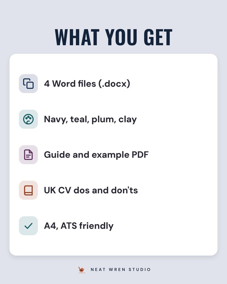 A white card under the headline What you get: 4 Word files (.docx); navy, teal, plum, clay; guide and example PDF; UK CV dos and don'ts; and A4, ATS friendly.