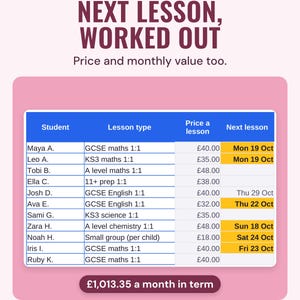Students tab with price a lesson, next lesson and monthly value in term time