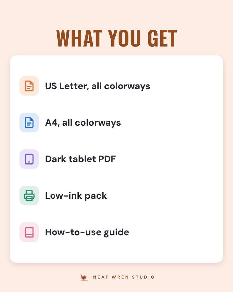 A white card under the headline What you get: US Letter in all colorways, A4 in all colorways, a dark tablet PDF, a low-ink pack and a how-to-use guide.