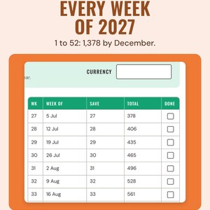 The dated 52-week savings table for July and August 2027 with week, amount to save, running total and a done box, under the headline Every week of 2027.