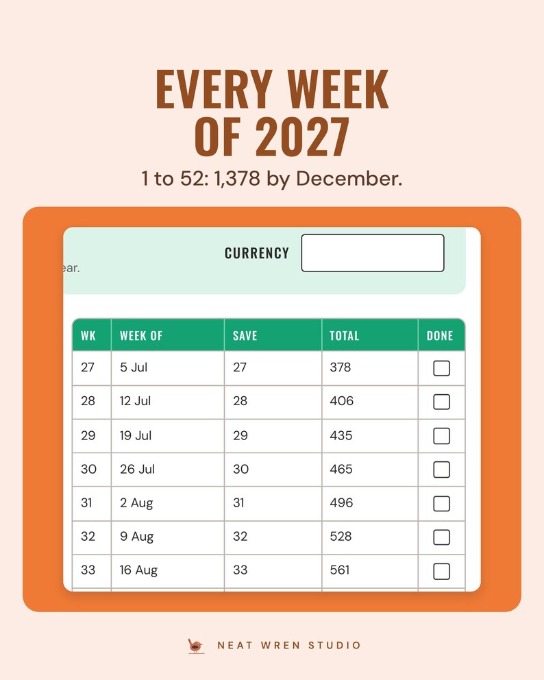 The dated 52-week savings table for July and August 2027 with week, amount to save, running total and a done box, under the headline Every week of 2027.