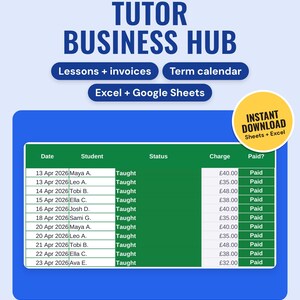 Tutor business spreadsheet lessons log with dates, students, taught status, charge and paid