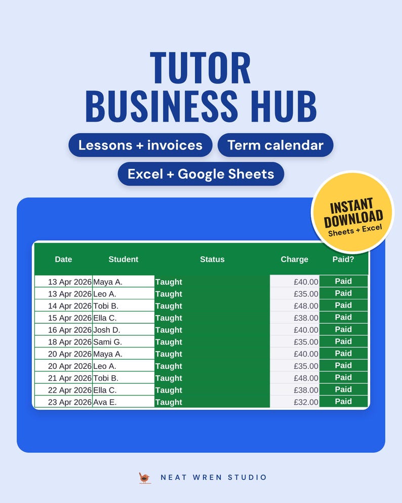Tutor business spreadsheet lessons log with dates, students, taught status, charge and paid