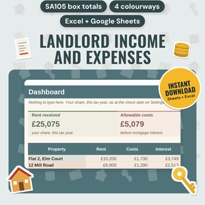 UK Landlord Spreadsheet 2026/27 | Rental Income and Expenses, SA105 Totals, Tax Set-Aside (Google Sheets & Excel)