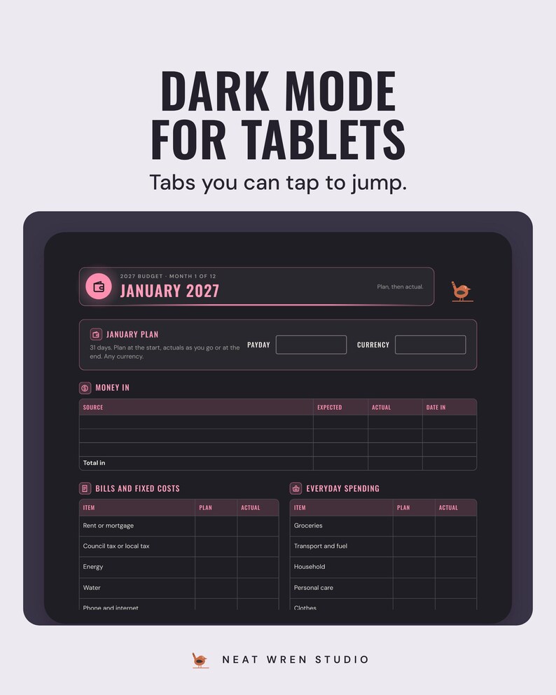 A tablet showing the January 2027 budget page in dark mode, under the headline Dark mode for tablets, and the line Tabs you can tap to jump.