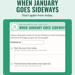 When January goes sideways page with a restarting on date box and numbered steps, starting with start the count from today.