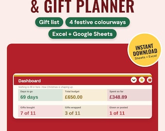 Op de afbeelding: Een digitaal kerstbudget- en cadeauplanner-dashboard met cadeau-lijst, 4 feestelijke kleurenschema's en compatibiliteit met Excel en Google Sheets. De interface toont resterende dagen, totaalbudget en de status van de cadeaus.