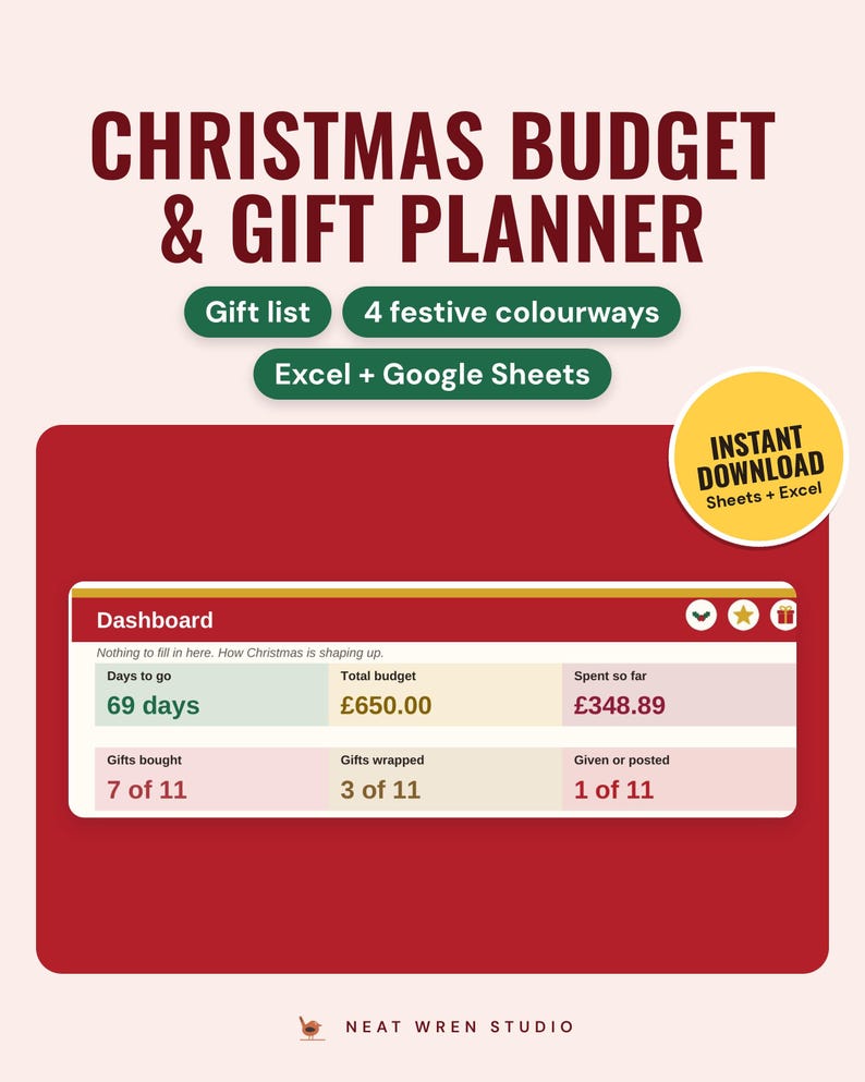 Christmas Budget Planner Spreadsheet 2026: main listing photo showing the product with an 'Instant download' badge. Digital product from Neat Wren Studio.