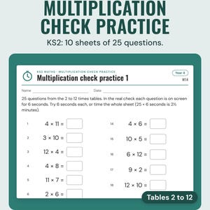 KS2 multiplication check practice sheet with 25 times tables questions from the 2 to 12 times tables.