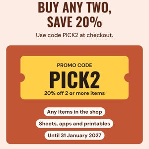 Promo card: buy any two or more items from Neat Wren Studio and use code PICK2 at checkout for 20% off, until 31 January 2027.
