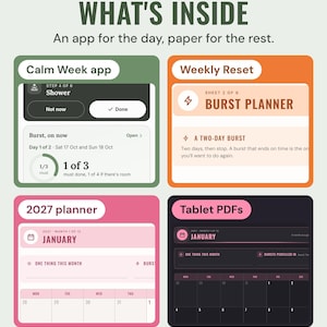 What's inside: the Calm Week app, the Weekly Reset burst planner sheet, the 2027 planner's January page and the dark tablet PDF.