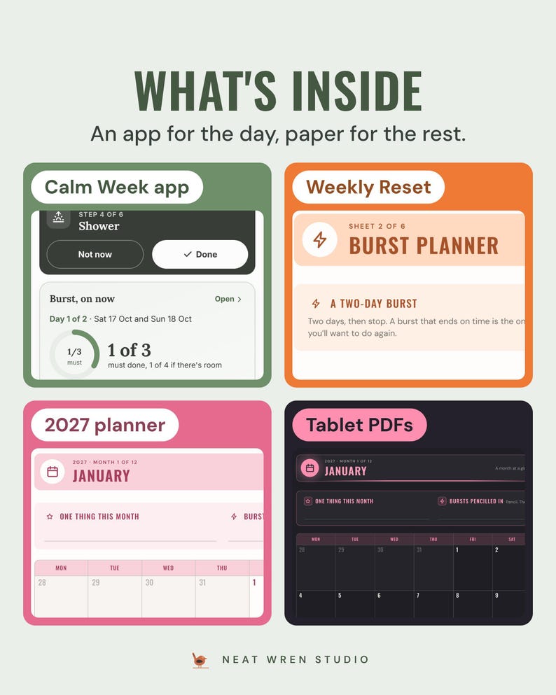 What's inside: the Calm Week app, the Weekly Reset burst planner sheet, the 2027 planner's January page and the dark tablet PDF.