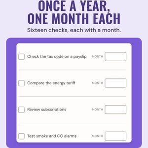 A checklist of yearly checks, such as compare the energy tariff and test smoke alarms, each with a month box, under the headline Once a year, one month each.