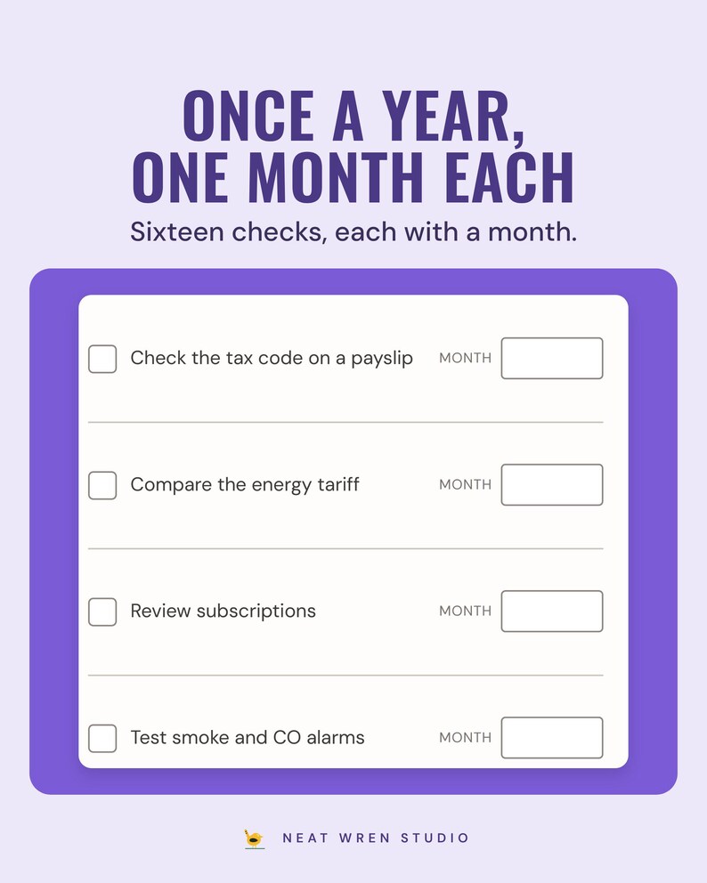 A checklist of yearly checks, such as compare the energy tariff and test smoke alarms, each with a month box, under the headline Once a year, one month each.