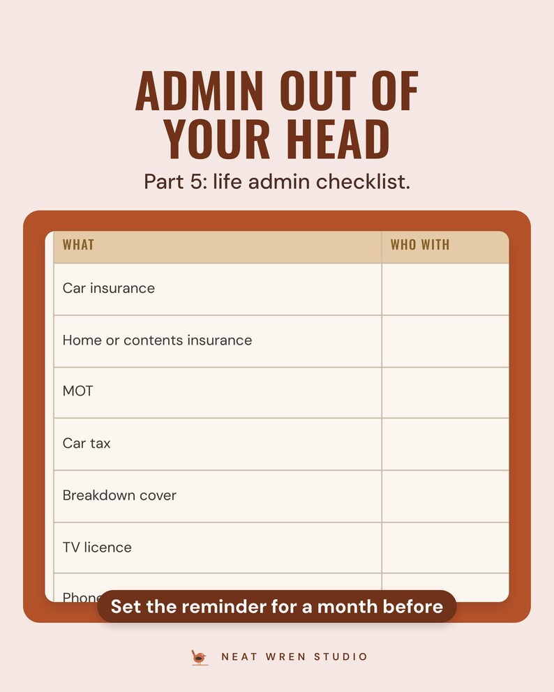 The life admin checklist with car insurance, MOT, TV licence and who with, under the headline Admin out of your head, and the line Part 5: life admin checklist.