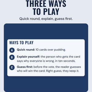 The ways to play box: a quick round, explain yourself, and guess first, under the headline Three ways to play.