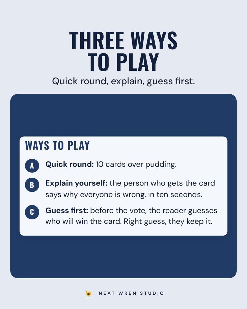 The ways to play box: a quick round, explain yourself, and guess first, under the headline Three ways to play.