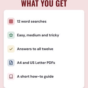 A white card under the headline What you get: 12 word searches, easy, medium and tricky levels, answers to all twelve, A4 and US Letter PDFs and a short how-to guide.