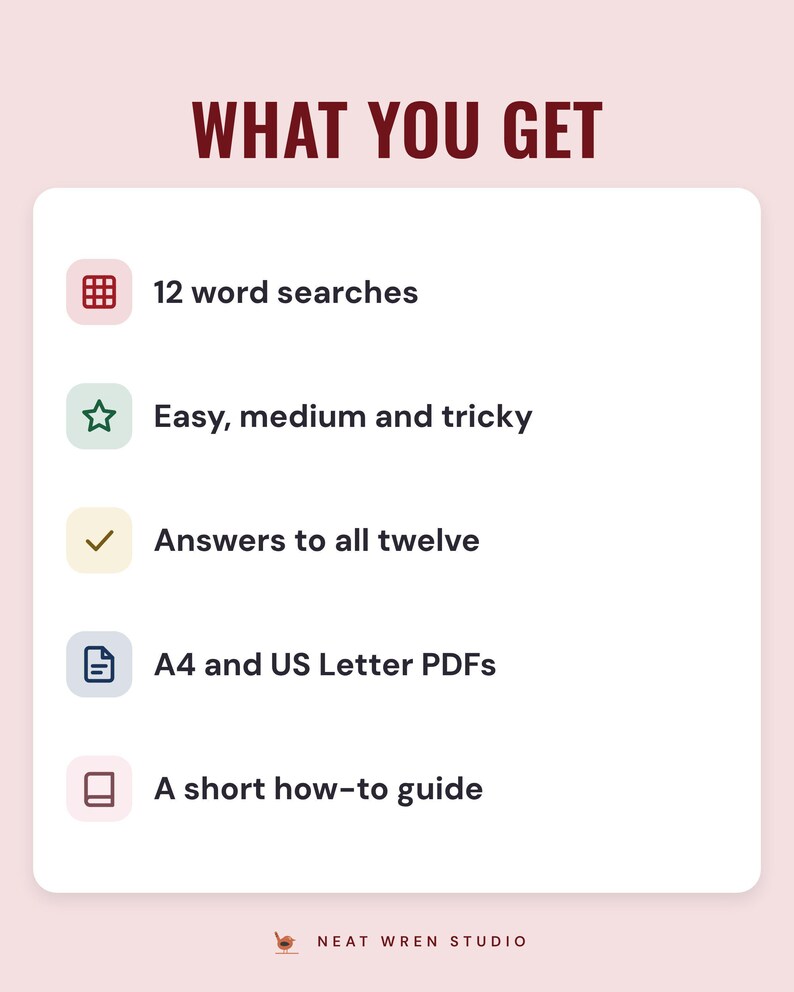 A white card under the headline What you get: 12 word searches, easy, medium and tricky levels, answers to all twelve, A4 and US Letter PDFs and a short how-to guide.