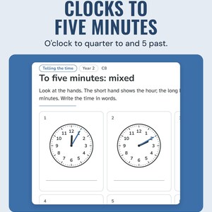 Telling the time sheet with clock faces to five minutes and lines to write the time in words.