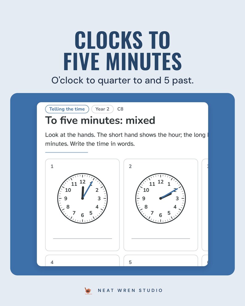 Telling the time sheet with clock faces to five minutes and lines to write the time in words.