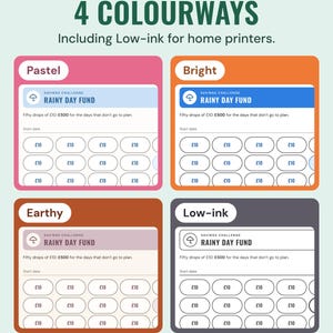 The A6 rainy day fund insert in Pastel, Bright, Earthy and Low-ink colourways.